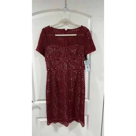 NUE by Shani Blue Label Lace Dress Size 8 Wine Nude Sheath NWT - Picture 2 of 10